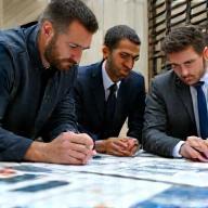 Architects and Ege Karo Dizayn team members collaborating on tile selection for a historical building facade